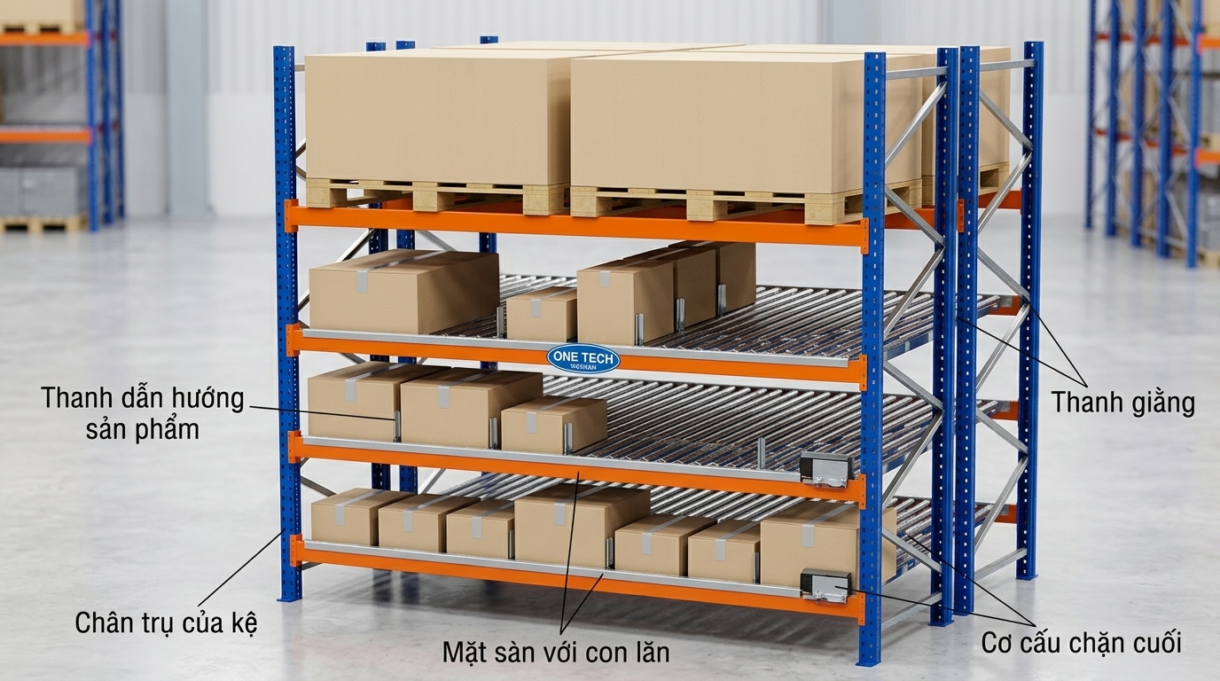 Cấu tạo kệ flowrack gồm khung chịu lực ray con lăn thanh dẫn hướng và chặn cuối
