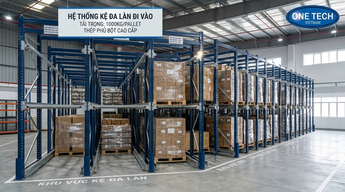 Kệ drive in tải trọng nặng có ray đỡ pallet