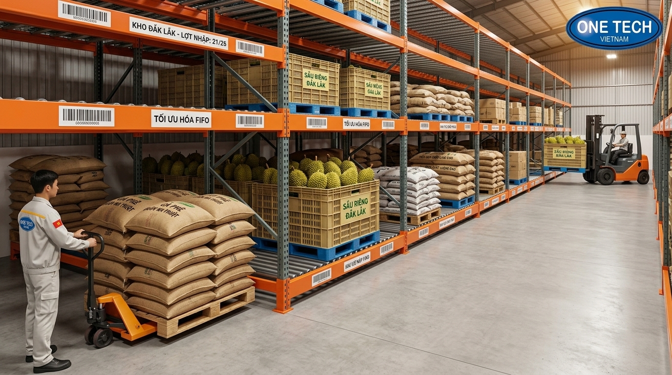 Kệ Flow racks Đắk Lắk trong kho nông sản cần luân chuyển nhanh