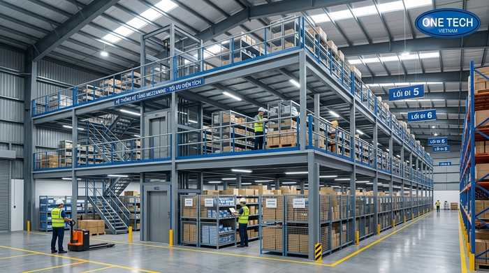 Kệ mezzanine 3 tầng tối ưu diện tích kho cao