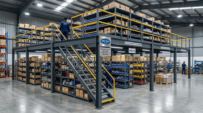 Kệ sàn mezzanine kết hợp kệ trung tải trong kho