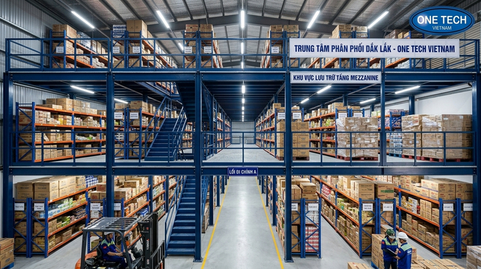 Kệ sàn mezzanine trong kho phân phối hàng tiêu dùng tại Đắk Lắk