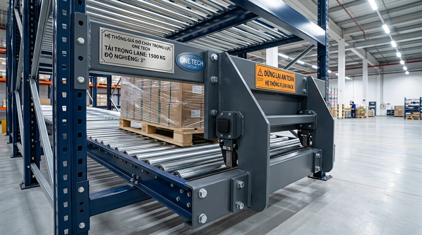 Lắp đặt kệ flowrack an toàn với độ nghiêng và chặn cuối phù hợp
