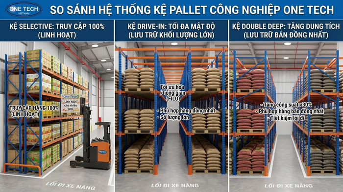 So sánh kệ pallet Đắk Lắk So sánh các loại kệ pallet Đắk Lắk cho kho công nghiệp và nông sản
