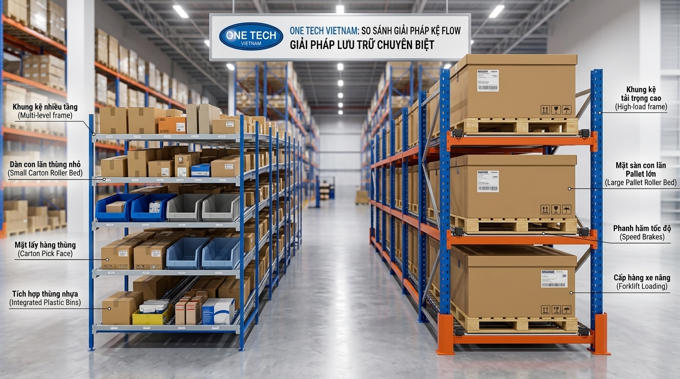 So sánh kệ con lăn thùng hàng và kệ flowrack pallet cho kho Đắk Lắk