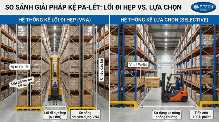So sánh kệ Narrow Aisle và kệ Selective Bảng so sánh kệ Narrow Aisle và kệ Selective trong kho pallet