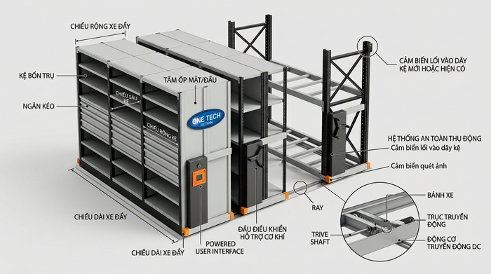 Cấu tạo kệ kho di động gồm khung trụ beam mâm tầng và bánh xe