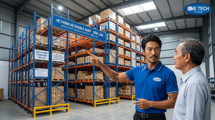 Đội kỹ thuật Kệ kho hàng Đắk Lắk OneTech Đội kỹ thuật Kệ kho hàng Đắk Lắk khảo sát và tư vấn kệ Double Deep