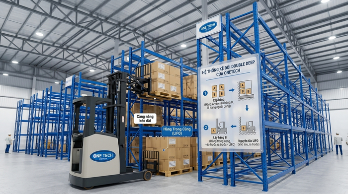 Sơ đồ vận hành kệ Double Deep trong kho Đắk Lắk Sơ đồ xe nâng lấy hàng trên kệ Double Deep trong kho công nghiệp