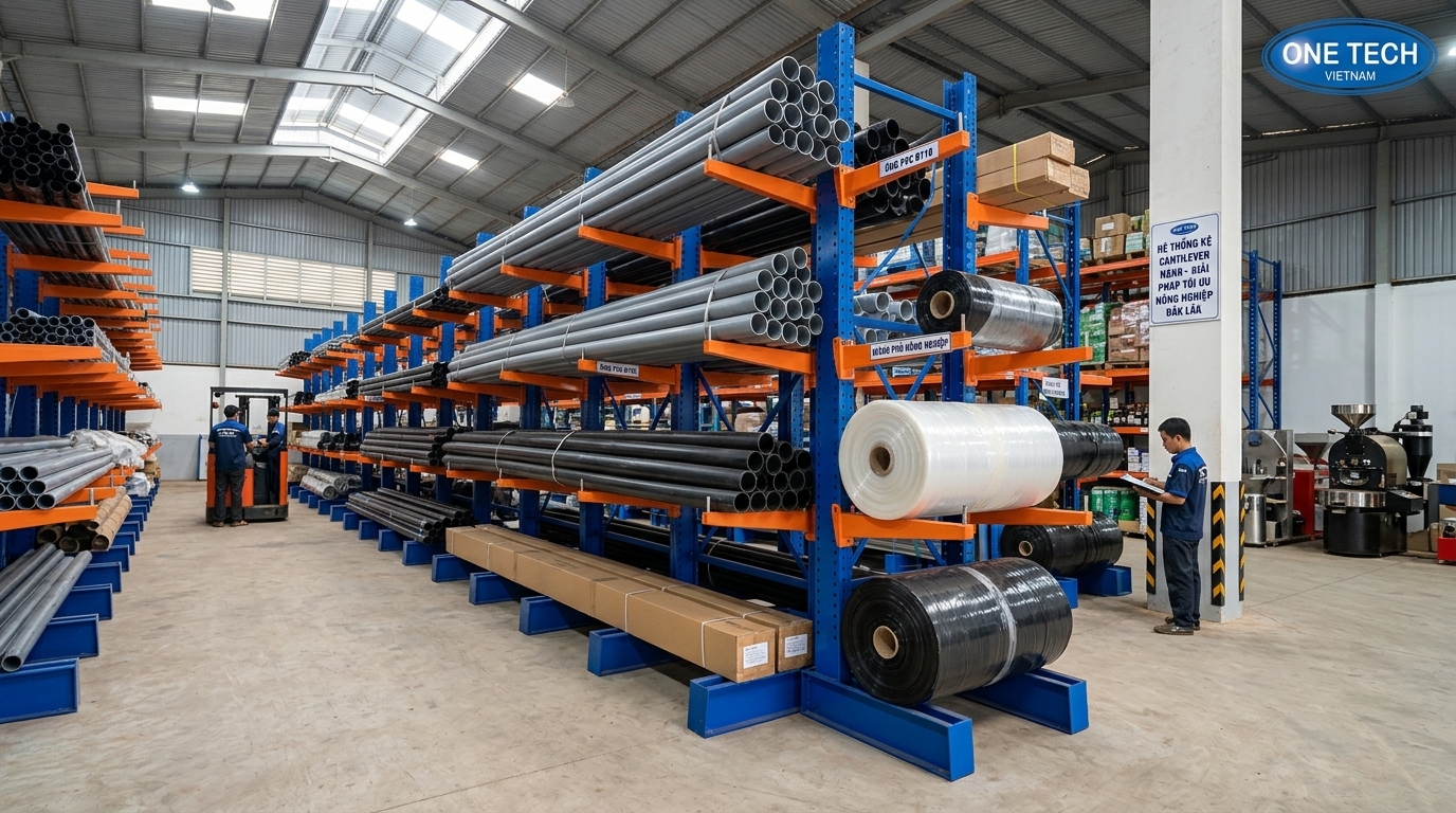 Kệ tay đỡ Đắk Lắk cho kho vật tư nông nghiệp chứa ống tưới và cuộn màng