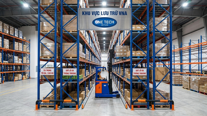 Lối đi hẹp của kệ VNA và xe nâng Minh họa lối đi hẹp giữa hai dãy kệ VNA và xe nâng chuyên dụng