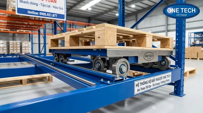 Ray và xe trượt kệ Push Back Ray nghiêng và xe trượt của kệ pallet Push Back