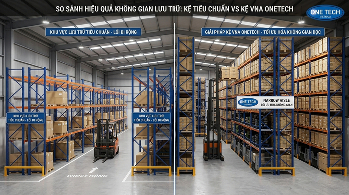 So sánh kệ Narrow Aisle với kho truyền thống So sánh kho truyền thống và kệ Narrow Aisle tiết kiệm diện tích