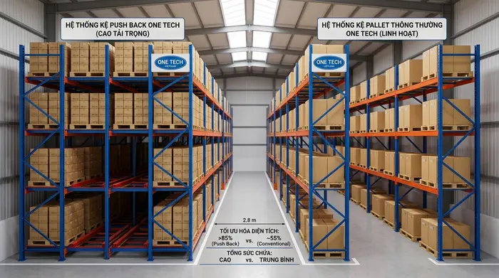 So sánh tối ưu không gian kệ Push Back So sánh mặt bằng lưu trữ giữa kệ Push Back và kệ pallet thông thường