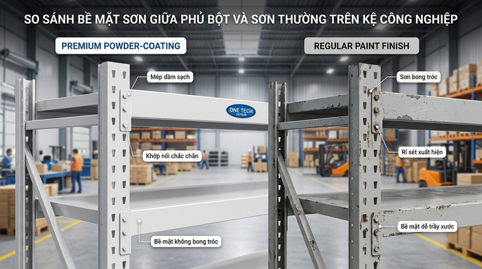 Sơn tĩnh điện cho kệ kho trung chuyển So sánh sơn tĩnh điện và sơn thường cho kệ kho trung chuyển