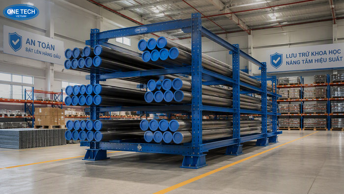Kệ để ống thép có chặn đầu an toàn Kệ để ống thép có chặn đầu giúp hạn chế hàng lăn trượt