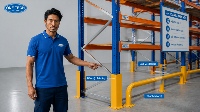 Phụ kiện an toàn cho kệ kho logistics gồm ốp chân trụ và rào chắn