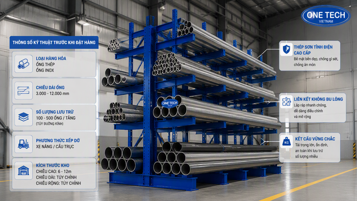 Thông số kỹ thuật kệ để ống thép Thông số kỹ thuật cần xác định khi đặt kệ để ống thép