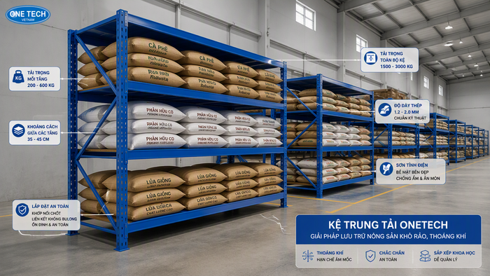 Kệ trung tải thông thoáng cho kho nông sản Tây Nguyên Kệ trung tải thông thoáng hạn chế ẩm mốc cho kho nông sản