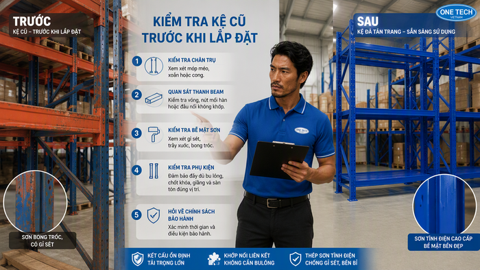 Cách kiểm tra kệ cũ như mới Kiểm tra kệ cũ như mới trước khi lắp đặt trong kho