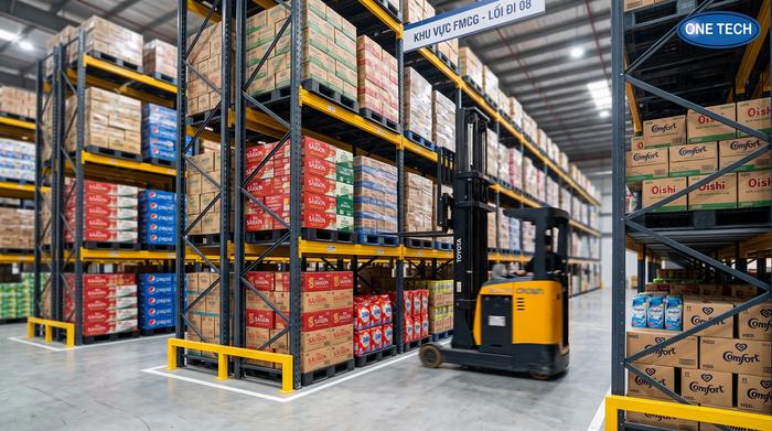 Chọn lối đi kệ kho FMCG theo mẫu xe nâng chuyên dụng Xe nâng vận hành trong hệ thống kệ kho FMCG Đắk Lắk